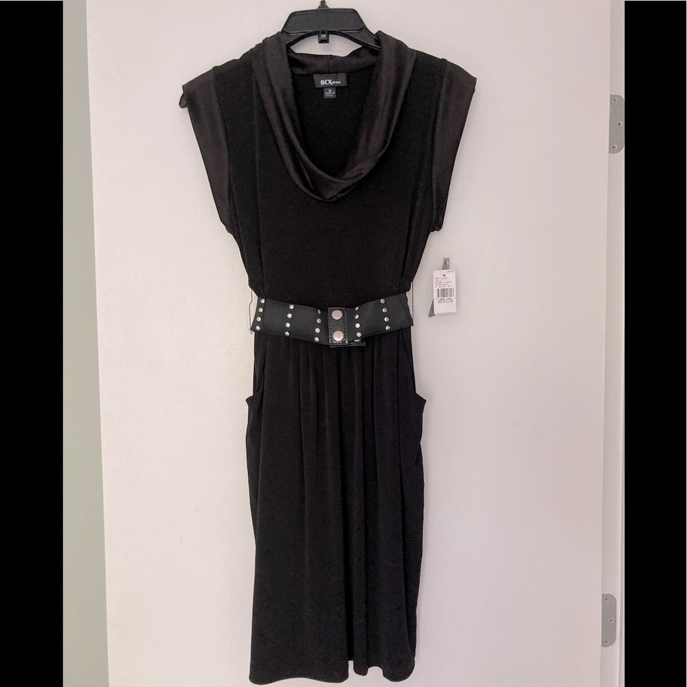 NWT black dress, satin trim, with pockets